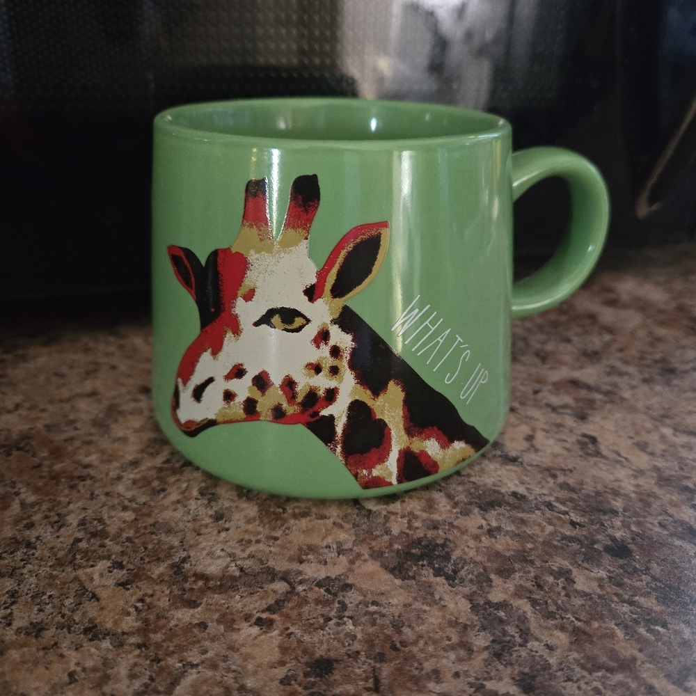 Opalhouse Wide Bottom 16oz Porcelain WHAT'S UP Coffee Mug Green Giraffe Cup